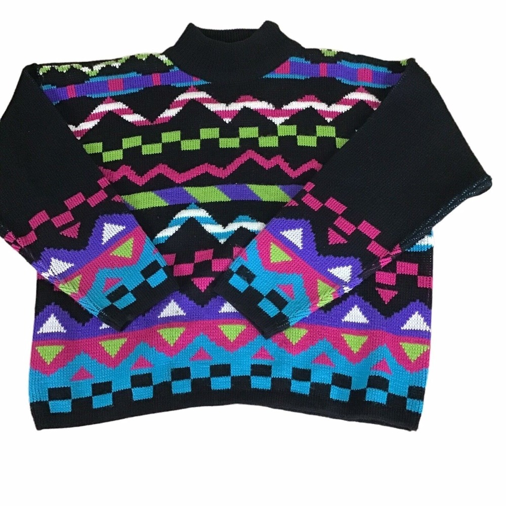 Gitano Vintage 80s Graphic Mock Neck Sweater Womens Medium Retro Geometric Knit